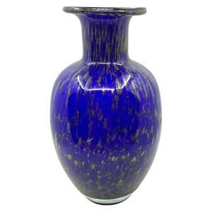 Murano Style Vase Cobalt Blue Gold Infused Art Glass 10 inch